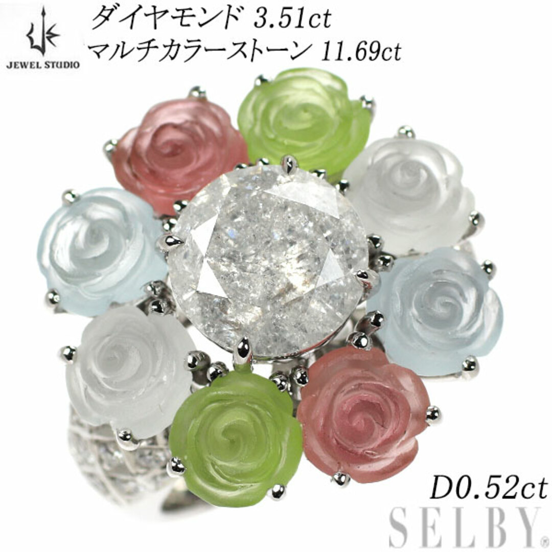 ジュエルスタジオ K18WG ダイヤモンド マルチカラーストーン リング 3.51ct 11.69ct D0.52ct 薔薇 カービング レディースのアクセサリー(リング(指輪))の商品写真