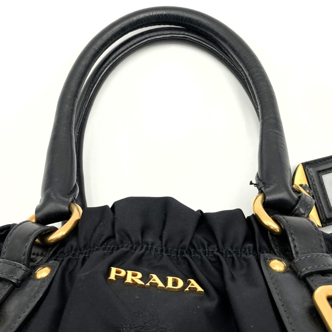 PRADA(プラダ)のプラダ ハンドバッグ ギャザー ロゴ刺繍 ブラック ゴールド金具 ナイロン レザー レディース PRADA【中古】 レディースのバッグ(ハンドバッグ)の商品写真