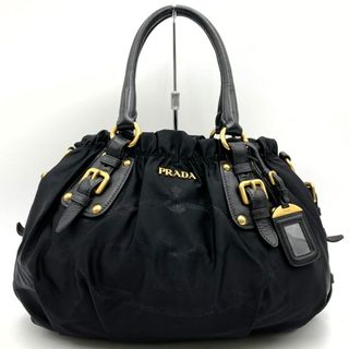 プラダ(PRADA)のプラダ ハンドバッグ ギャザー ロゴ刺繍 ブラック ゴールド金具 ナイロン レザー レディース PRADA【中古】(ハンドバッグ)