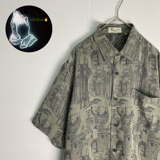 【半袖シャツ　柄シャツ　透け感　グレー　ネイビー　古着】(シャツ)