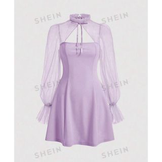 シーイン(SHEIN)の新品 パープルガーリーミニワンピース シースルー おしゃれ メルヘン フェミニン(ミニワンピース)