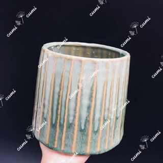 N0099【アメリカ】 5号 縦ライン 緑色 窯変 植木鉢 室内 陶器鉢 多肉(プランター)
