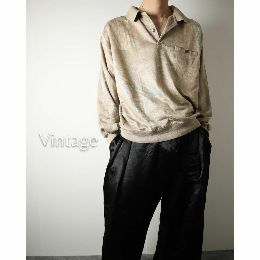 VINTAGE(ヴィンテージ)の幾何学 ジャガード ニュアンスカラー リネン混 長袖 ニットポロ 80s 90s メンズのトップス(ニット/セーター)の商品写真