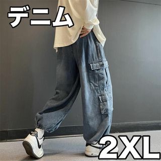 デニム ワイドパンツ　カーゴ ジーンズ　ブルー　2XL　カジュアル　春　夏(デニム/ジーンズ)