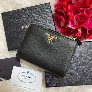 プラダ(PRADA)の美品✨ PRADA プラダ 2つ折り財布 L字ファスナー ロゴ ブラック 黒(財布)