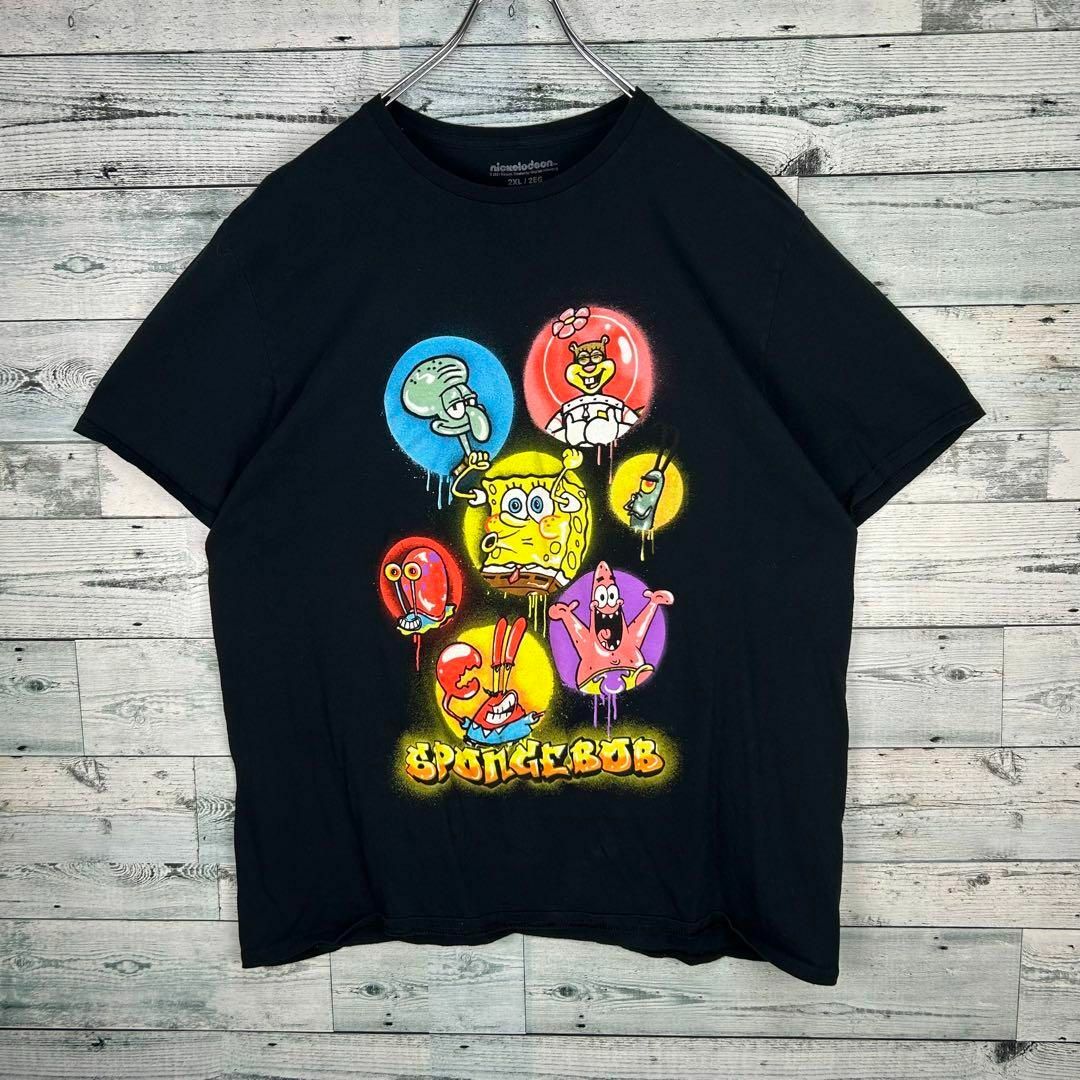 スポンジボブ キャラクタープリント キャラ集結 Tシャツ 美品 ブラック XXL レディースのトップス(Tシャツ(半袖/袖なし))の商品写真