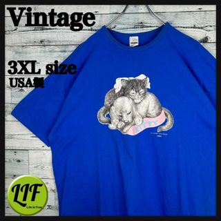 ヴィンテージ USA製 アニマルプリント 犬 猫 Tシャツ ブルー XXXL(Tシャツ/カットソー(半袖/袖なし))