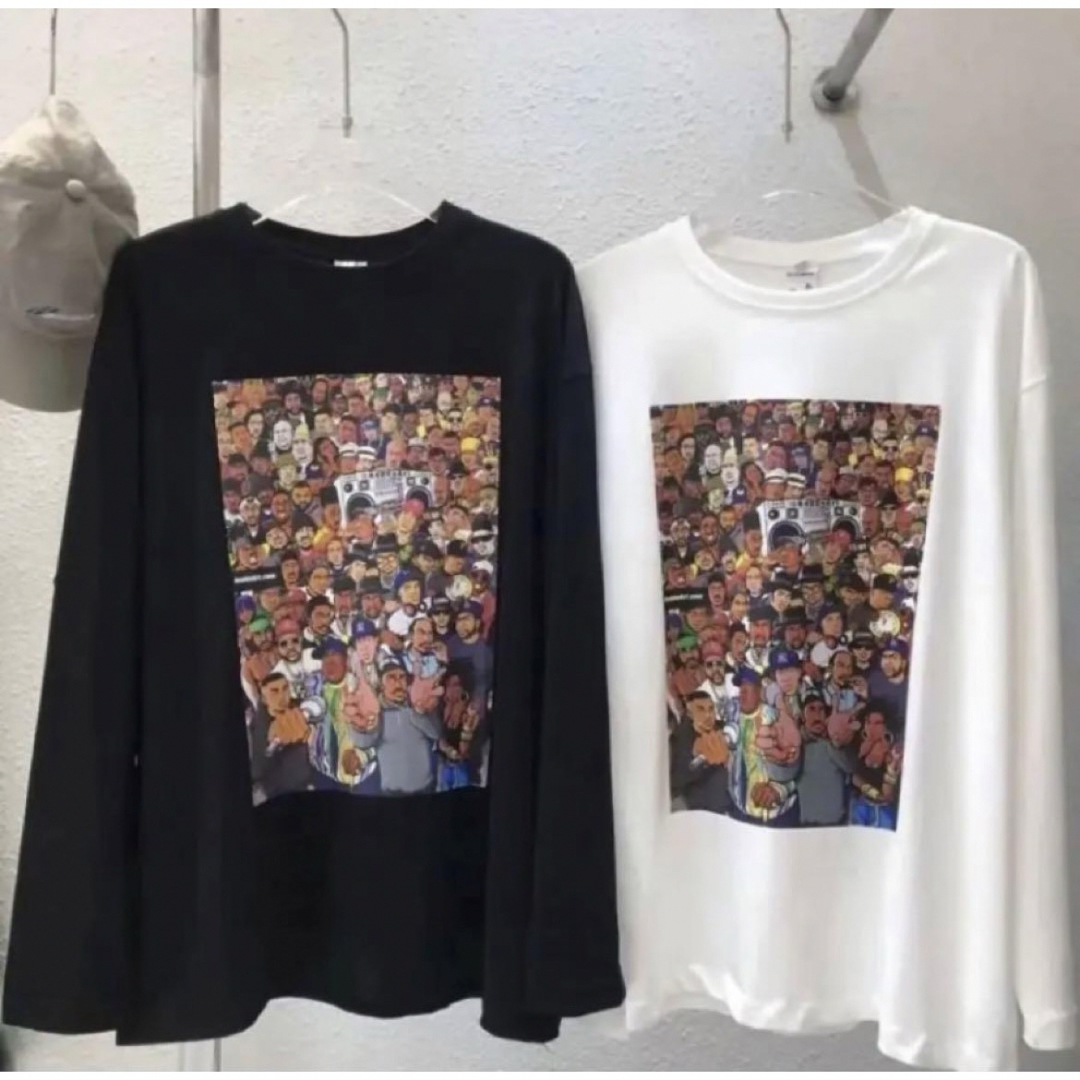 新品タグ付 群衆プリント 両面プリント Tシャツ ロンT 長袖 黒 L メンズのトップス(Tシャツ/カットソー(七分/長袖))の商品写真