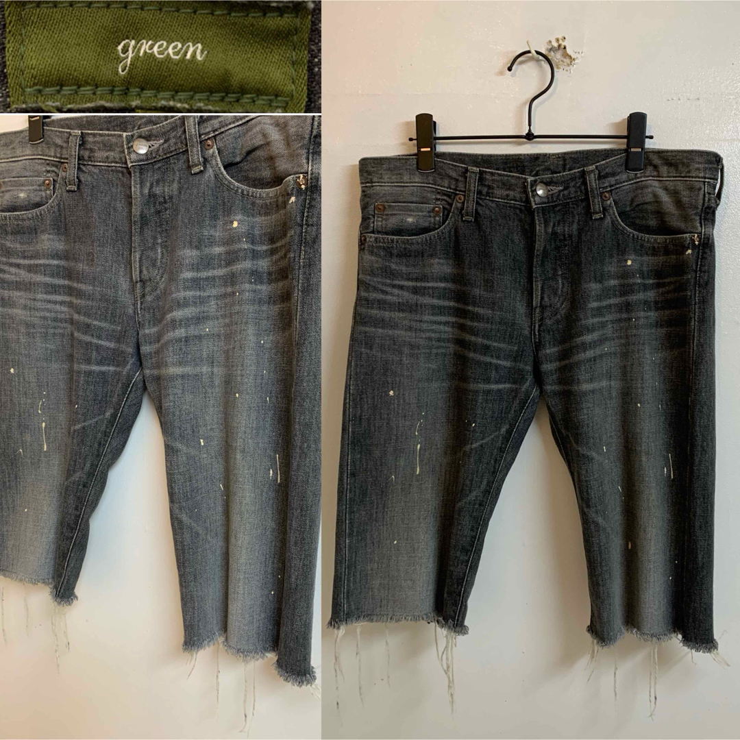 green(グリーン)のgreen (現 HYKE) 日本製 ペイント加工カットオフデニムパンツ 30 メンズのパンツ(デニム/ジーンズ)の商品写真