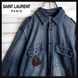 Saint Laurent - 【最高デザイン】サンローランパリ ワッペン デニムシャツ ダンガリーシャツ ロゴ
