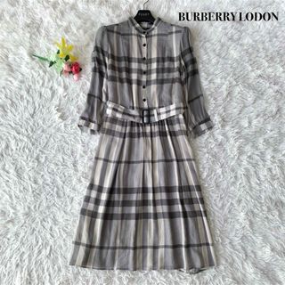 バーバリー(BURBERRY)の【美品】バーバリーロンドン ロング丈 ワンピース シルク100% グレー M(ロングワンピース/マキシワンピース)