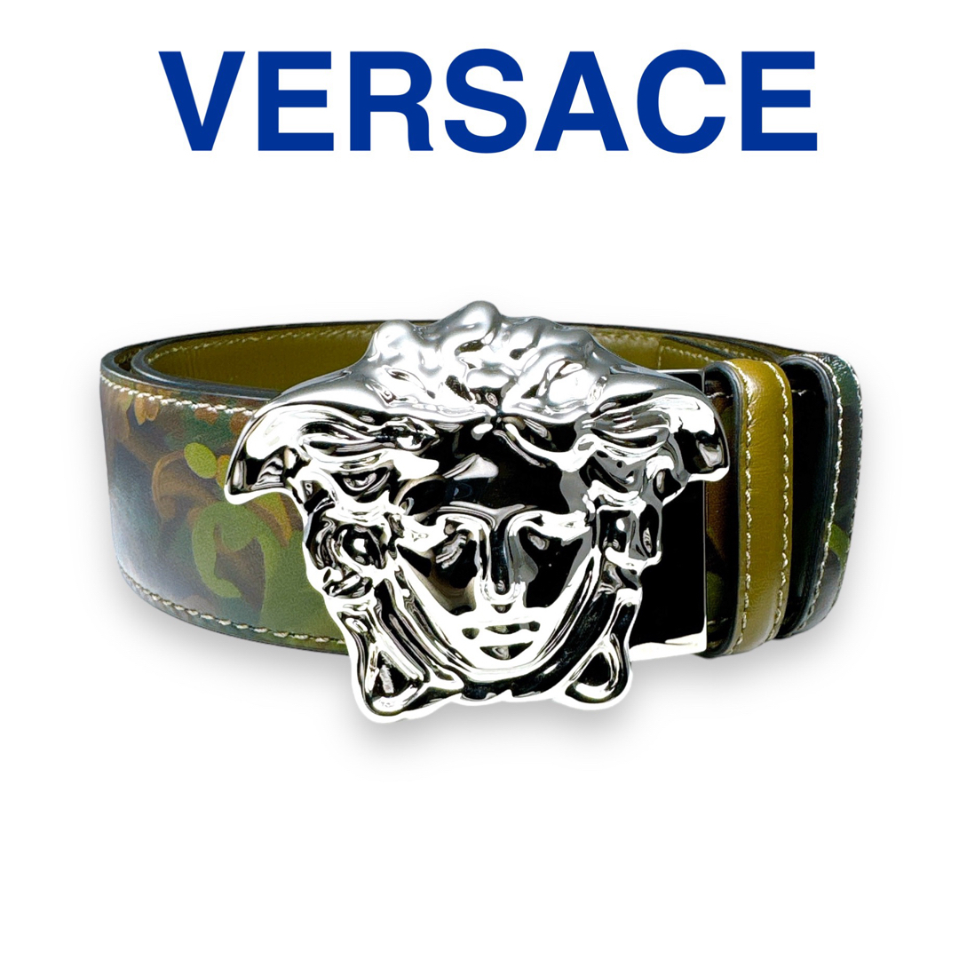 VERSACE(ヴェルサーチ)のヴェルサーチ ベルト メデューサ レザー シルバー グリーン メンズ ブランド メンズのファッション小物(ベルト)の商品写真