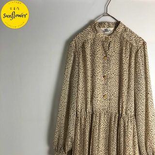 【ワンピース　ロング丈　ダルメシアン　レース　昭和レトロ　アイボリー　茶　古着】(ロングワンピース/マキシワンピース)