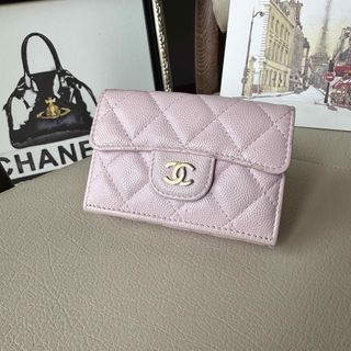 シャネル(CHANEL)のCHANEL キャビアスキン　マトラッセ　ピンク　コンパクトウォレット　3つ折り(財布)