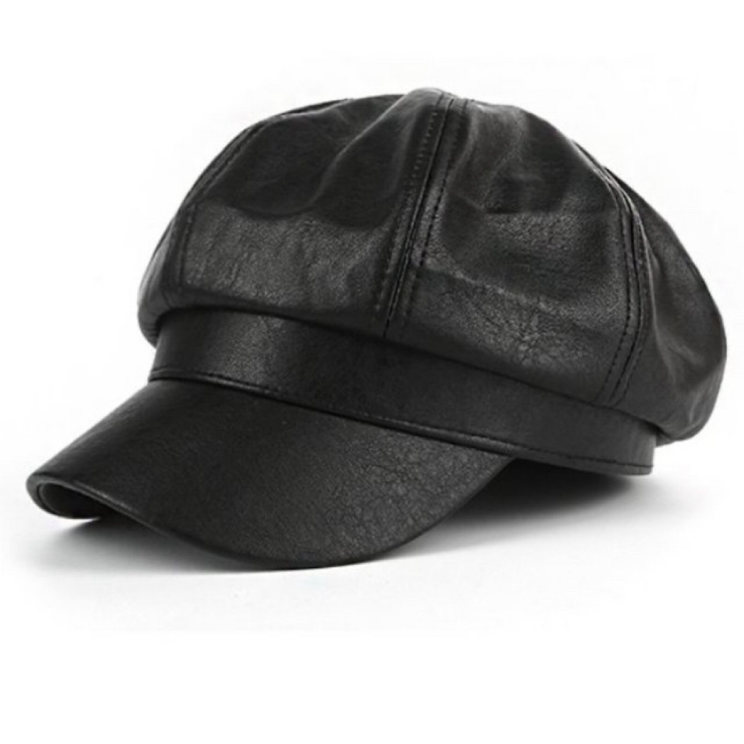 レザー キャスケット 黒 帽子 韓国 小顔 レディース メンズ フェイクレザー レディースの帽子(キャスケット)の商品写真