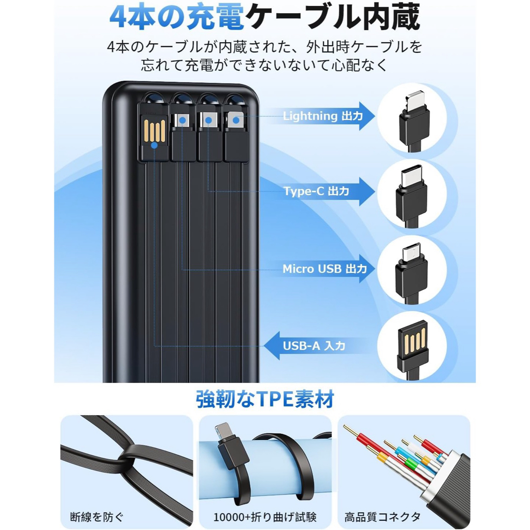 【新発売】【送料込】モバイルバッテリー50000mAhケーブル内蔵 PSE認証済 スマホ/家電/カメラのスマートフォン/携帯電話(バッテリー/充電器)の商品写真