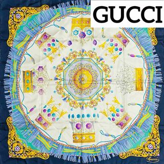 Gucci - 未使用品 ★GUCCI★ スカーフ 大判 ビジュー タッセル シルク ネイビー