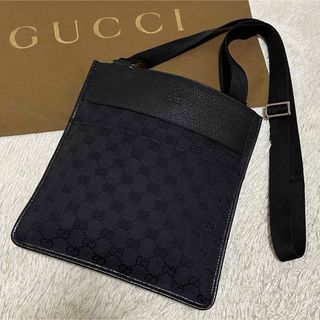 グッチ(Gucci)の747 専用　グッチ ショルダーバッグ サコッシュ GGキャンバス×レザー 黒(ショルダーバッグ)