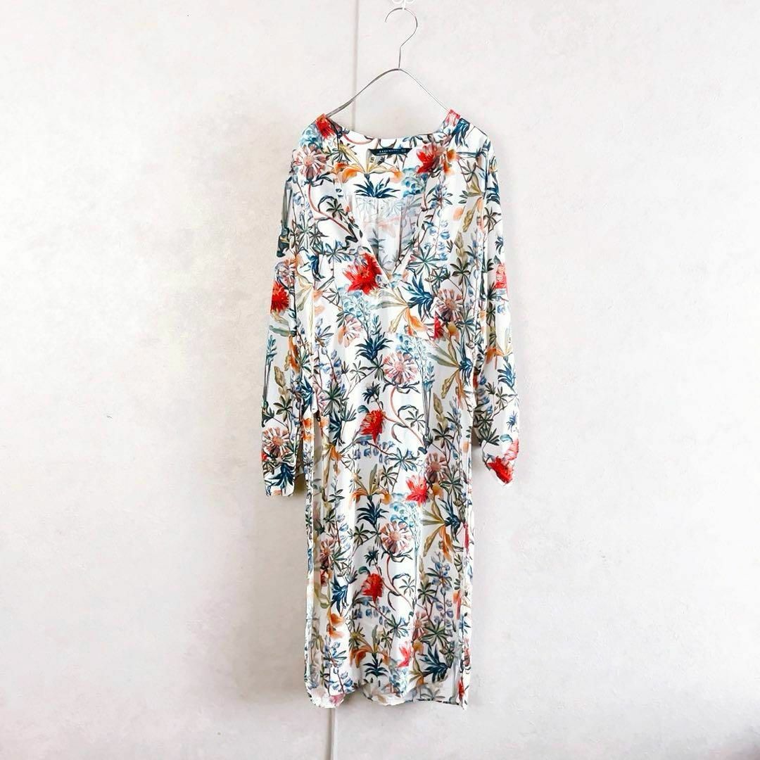 春服✨ZARA WOMAN 花柄　ボタニカル　チュニック　ワンピース　白　XS レディースのワンピース(その他)の商品写真