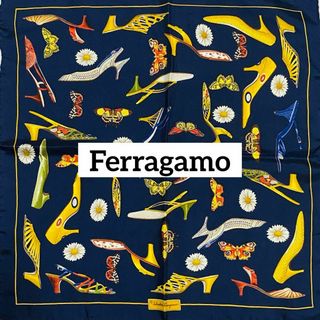 極美品★Ferragamo★ ミニスカーフ ハイヒール 花 蝶 シルク ネイビー