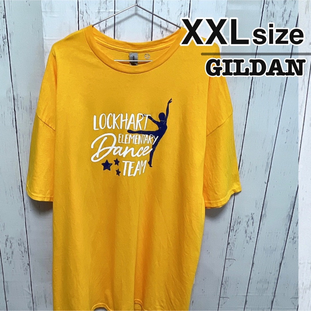 GILDAN(ギルタン)のUSA古着　GILDAN　Tシャツ　XXL　イエロー　プリント　ロゴ　ダンス メンズのトップス(Tシャツ/カットソー(半袖/袖なし))の商品写真