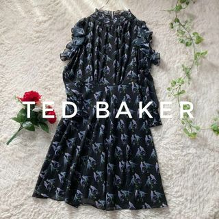 テッドベイカー(TED BAKER)のテッドベイカー　シフォンフレアワンピース　長袖　ギャザー　フリル　バード　0(ひざ丈ワンピース)