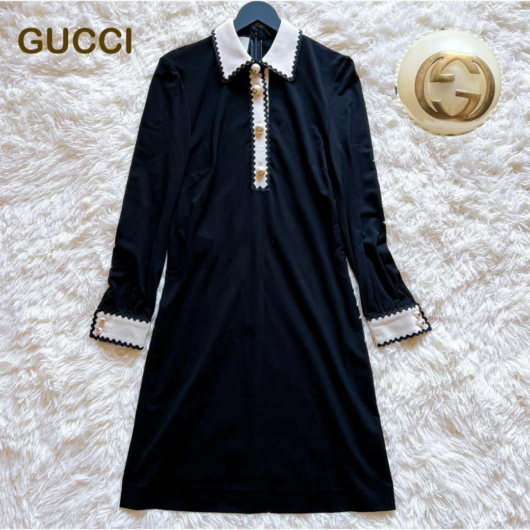 Gucci(グッチ)の美品✨グッチ　GGパール　ロング　ワンピース　シャツ　ドレス　ブラック　XS レディースのワンピース(ロングワンピース/マキシワンピース)の商品写真