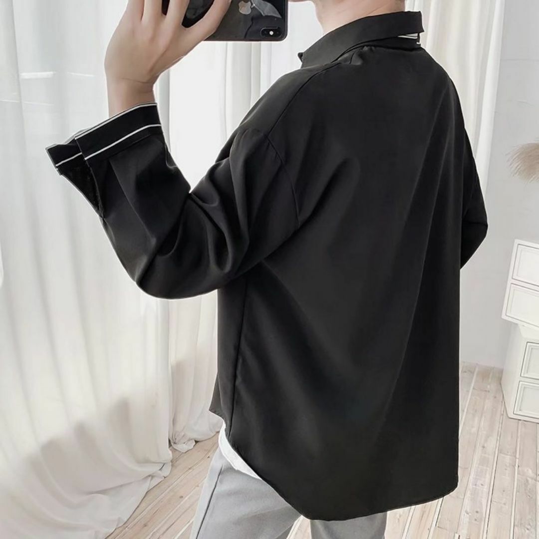 ネクタイ付き シャツ 長袖 ビッグシルエット 韓国 モード メンズ 黒 2XL メンズのトップス(シャツ)の商品写真