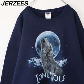 ジャージーズ(JERZEES)の【アニマルプリント】ジャージーズ／スウェット　ウルフ　一匹オオカミ　2XL　青系(スウェット)