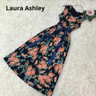 ローラアシュレイ(LAURA ASHLEY)のB102ローラアシュレイ：M ロングワンピース 花柄 総柄 リボン ノースリーブ(ロングワンピース/マキシワンピース)