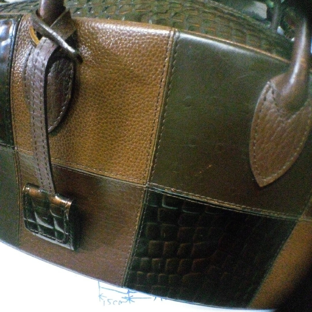 牛革パッチワーク手提げバック焦げ茶 ハンドメイドのファッション小物(バッグ)の商品写真