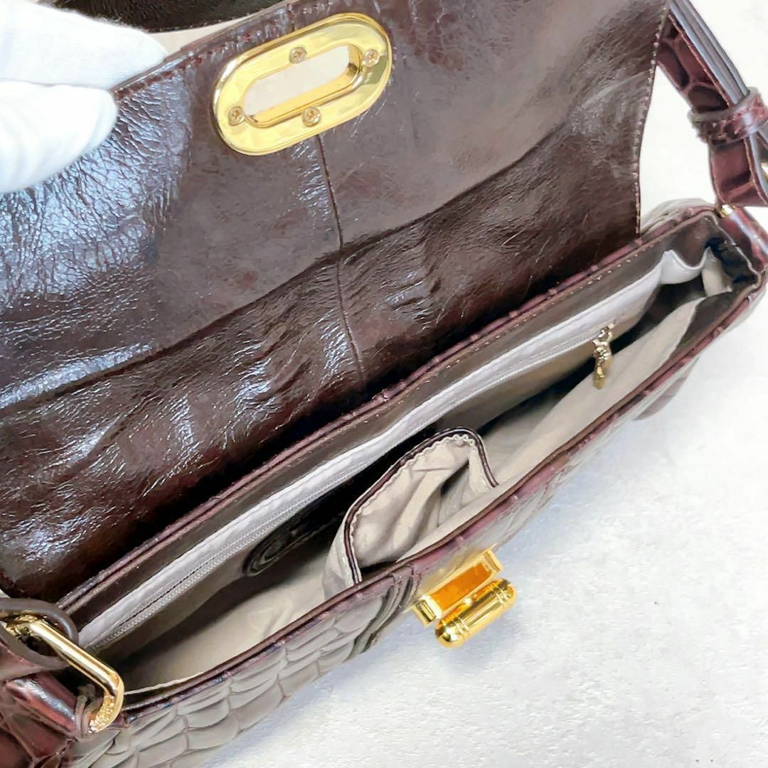 MIDO(ミドー)の【高級】MIDO ミドー　クロコ型押し　ワンショルダー　ハンドバッグ　レザー　茶 レディースのバッグ(ハンドバッグ)の商品写真