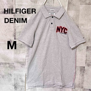 ヒルフィガーデニム(HILFIGER DENIM)のヒルフィガーデニム　ポロシャツ　胸ロゴ　刺繍ロゴ　M サイズ　グレー(ポロシャツ)