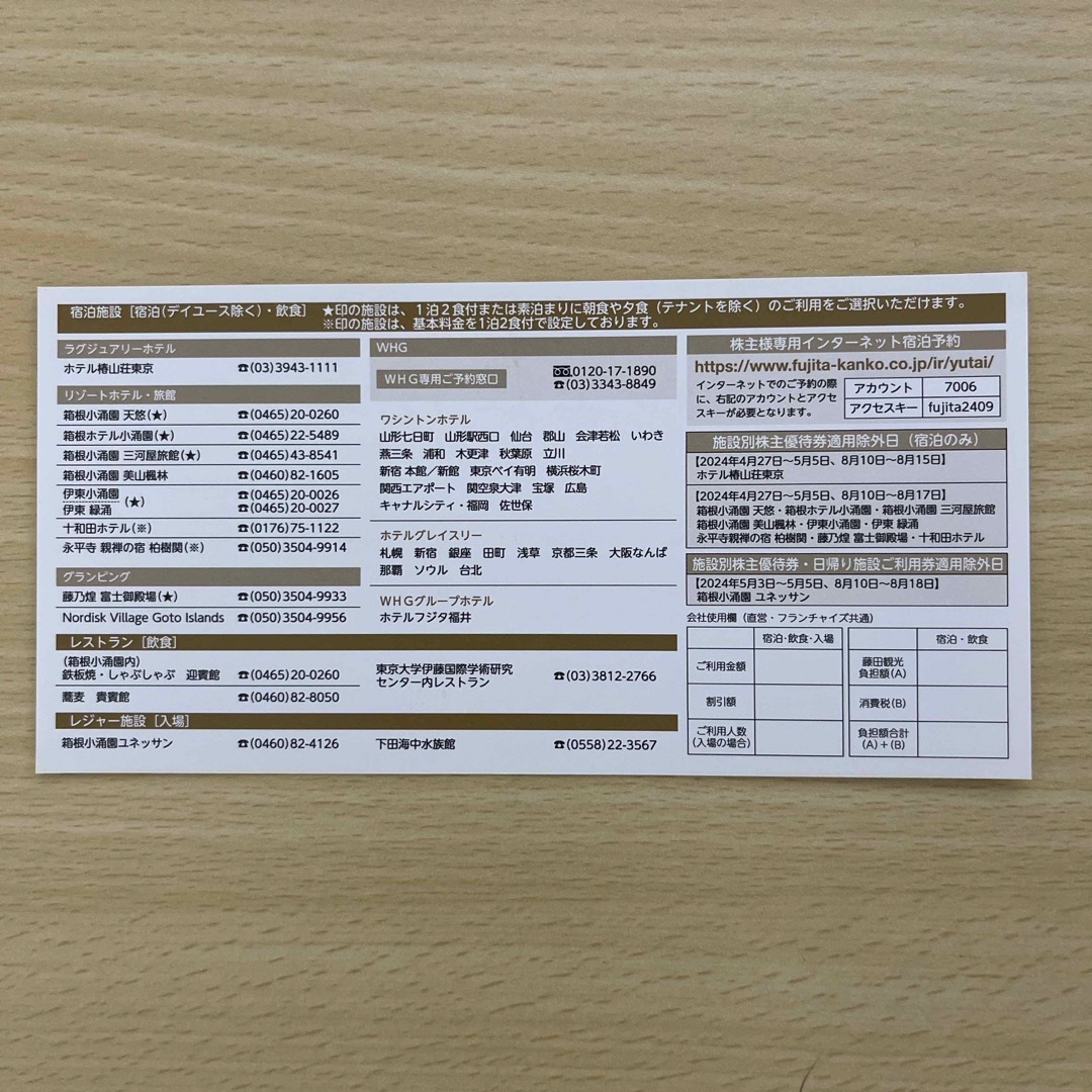 藤田観光株主優待一式　2024/9/30まで チケットの優待券/割引券(宿泊券)の商品写真