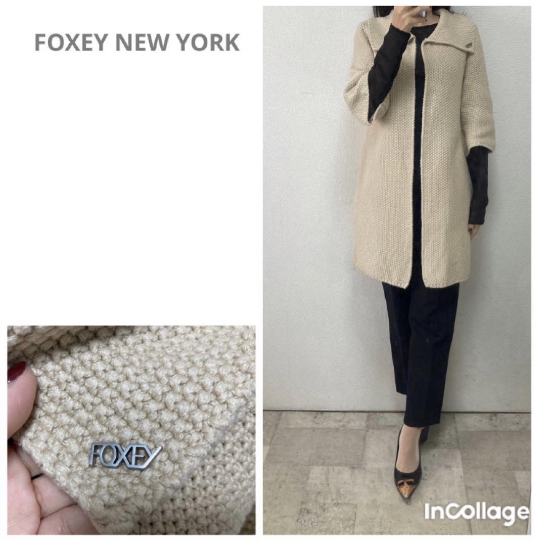 FOXEY NEW YORK(フォクシーニューヨーク)のフォクシーニューヨークロゴプレート付ニットガウンベージュ40 カーディガン　春物 レディースのトップス(カーディガン)の商品写真