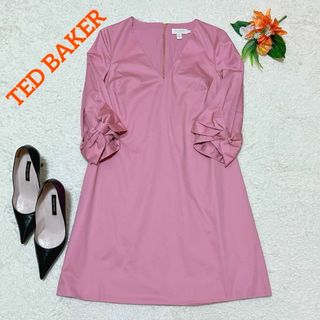 TED BAKER - 美品✨テッドベイカー　袖リボンワンピース　フレア　Vネック　ピンク　サイズ0