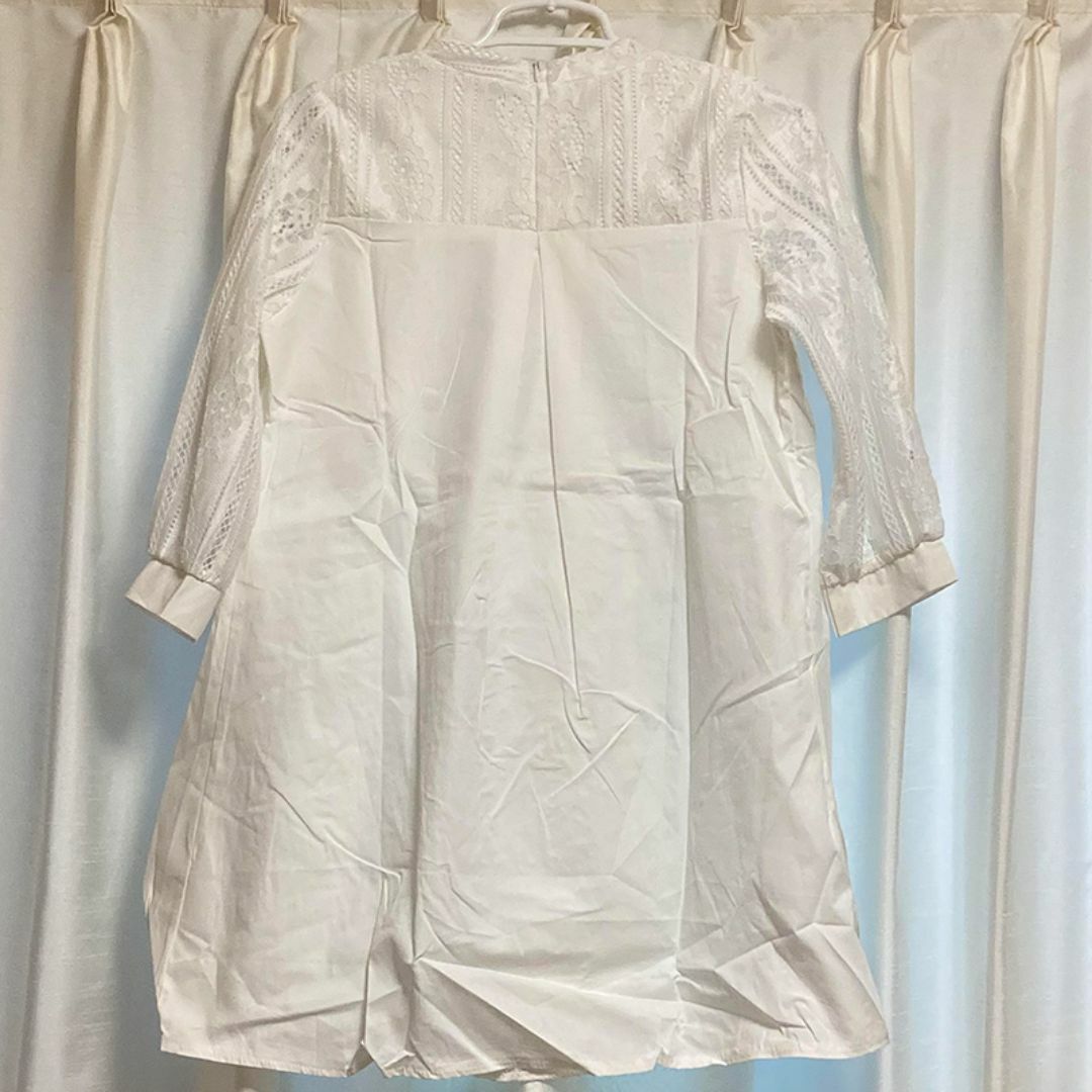 白 M レース チュニック 七分袖 体型カバー マタニティ ゆったり 花柄 足長 レディースのトップス(チュニック)の商品写真