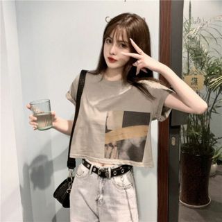 トレンド Tシャツ ストリートカルチャー アースカラー　グレーL(Tシャツ(半袖/袖なし))