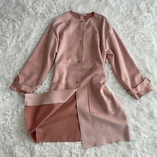 ザラ(ZARA)のZARA✨スウェード　コート　パステルピンク　金ボタン　Lサイズ　大きい(ノーカラージャケット)