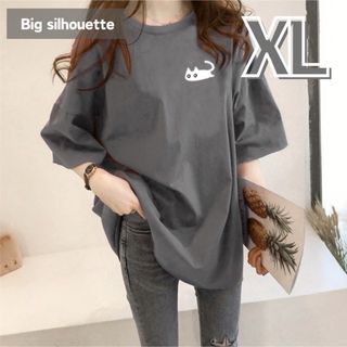 オーバーサイズTシャツ 半袖 ビッグシルエット 体型カバー ワンポイント 猫(Tシャツ(半袖/袖なし))