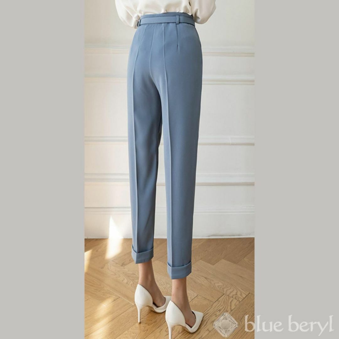 ブルーベリル パンツ レディース テーパード アンクル丈 ハイウエスト センタープレス ロールアップ ベルト付き 華奢 雰囲気 美脚 韓国風 blue beryl パンツ レディース テーパード アンクル丈 ハイウエスト