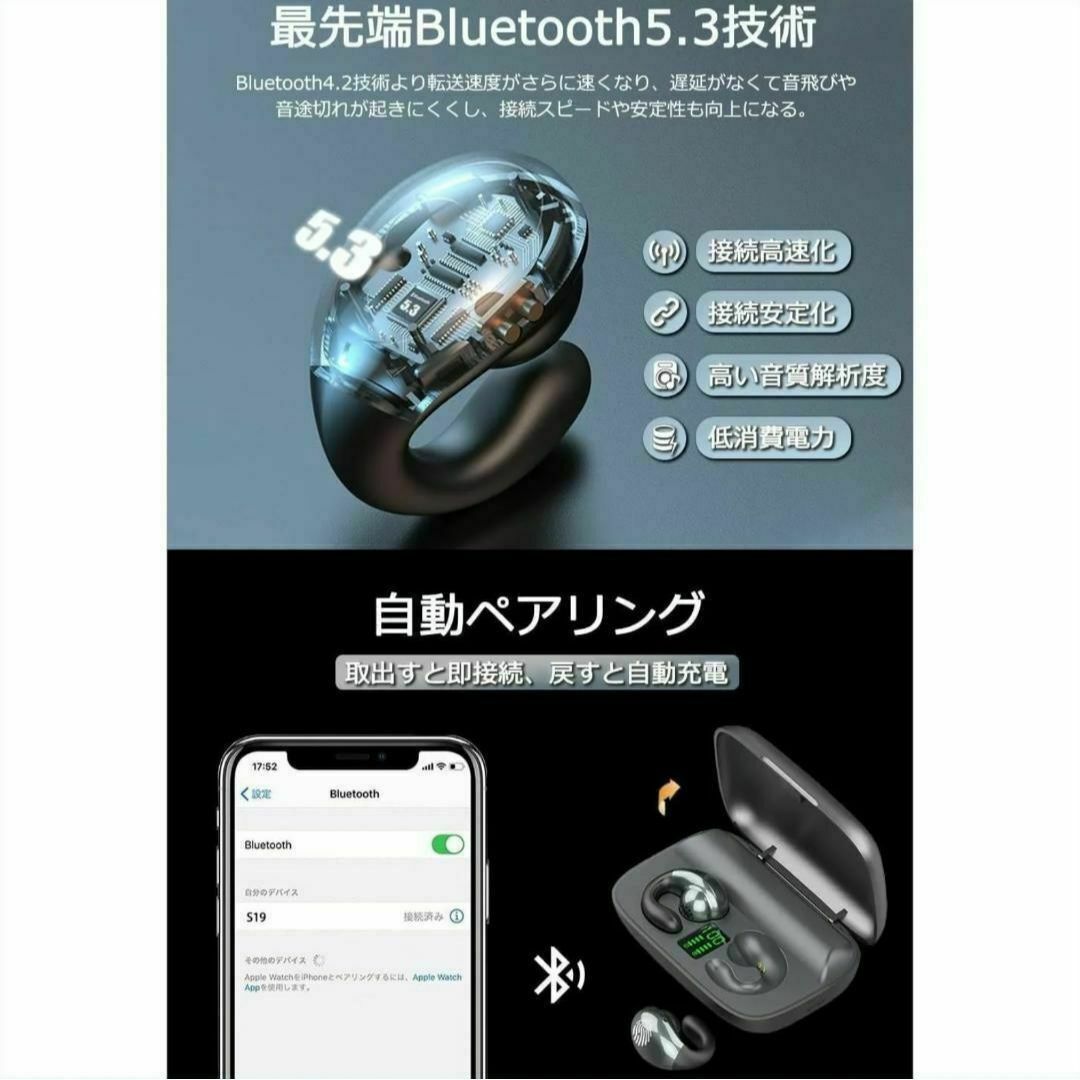 ワイヤレスイヤホン 骨伝導 Bluetooth イヤーカフ 高音質 レッド スマホ/家電/カメラのオーディオ機器(ヘッドフォン/イヤフォン)の商品写真
