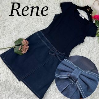 ルネ(René)のRene ルネ レディース Sサイズ ワンピース 半袖 デニム ニット リボン(ひざ丈ワンピース)