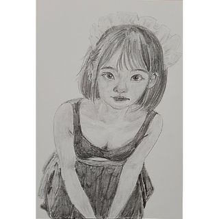 女の子デッサン。(4)手描きイラスト。鉛筆画。メイド。少女。ポストカード。(アート/写真)