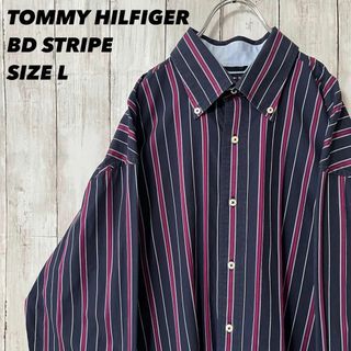 トミーヒルフィガー(TOMMY HILFIGER)のアメリカ古着　トミーヒルフィガー長袖ストライプBDシャツ　サイズLオーバーサイズ(シャツ)