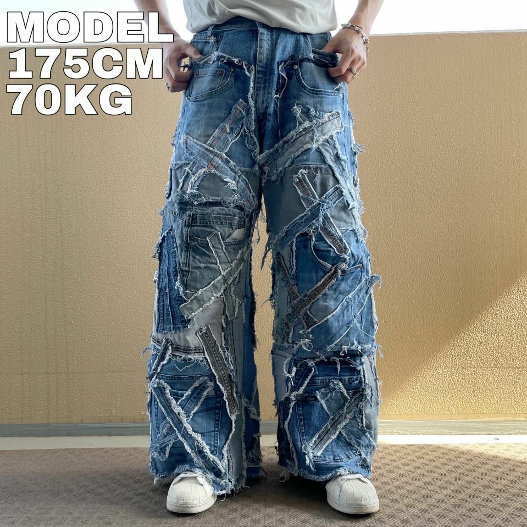 リメイクデニム ブルーデニム ワイド フレア ボトム 再構築 M 青 リメイクデニム ブルーデニム ワイド フレア ボトム 再構築 M 青