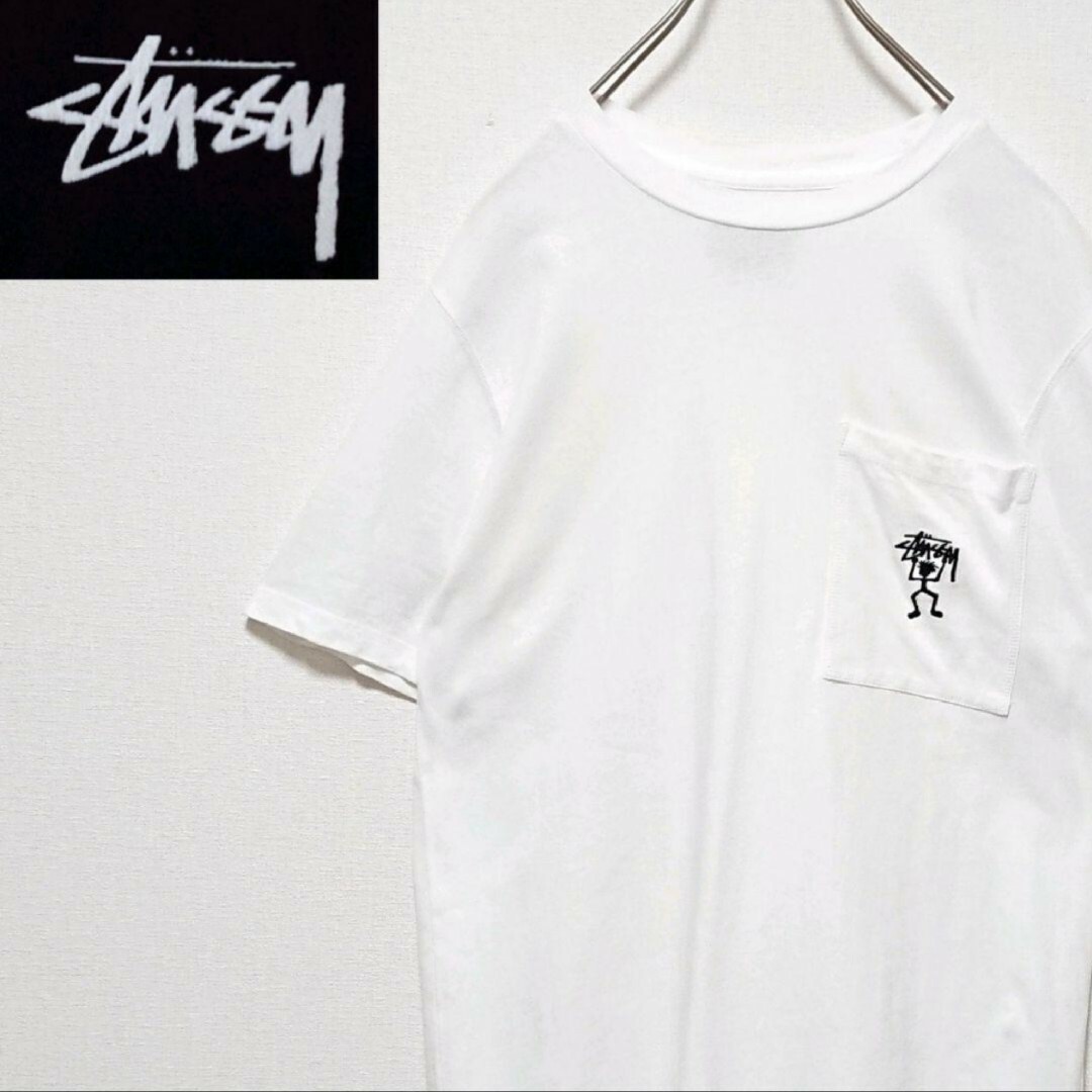 STUSSY(ステューシー)のステューシー ホワイト ポケット付 シャドーマン 刺繍 ロゴ 半袖 Tシャツ メンズのトップス(Tシャツ/カットソー(半袖/袖なし))の商品写真