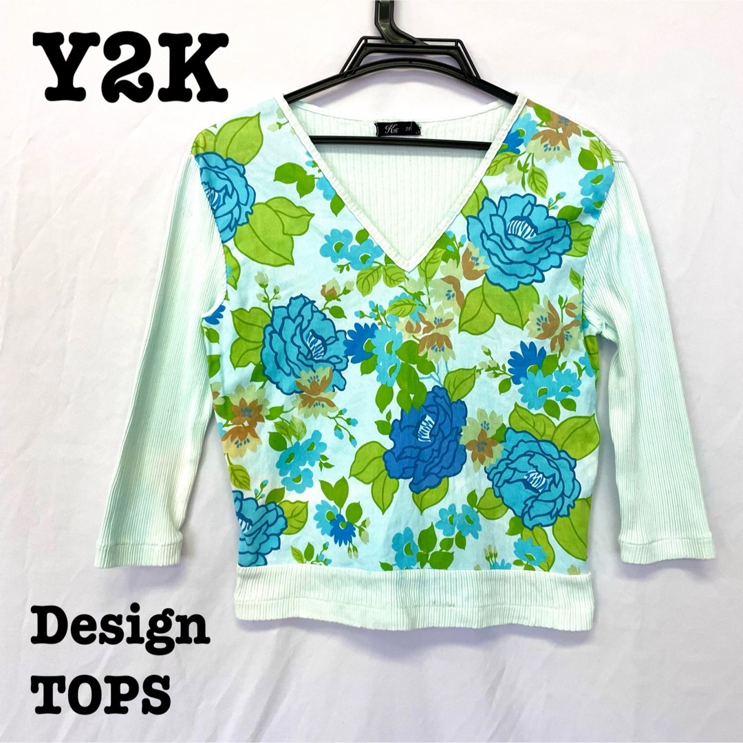 Lochie(ロキエ)の美品【Y2Kデザイン 】花柄カットソー　花柄ロンT レトロロンT  ブルー レディースのトップス(カットソー(長袖/七分))の商品写真