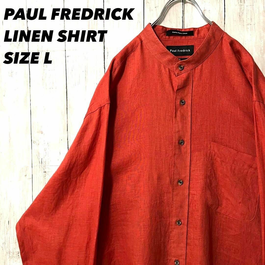 アメリカ古着　PAUL FREDRICK 長袖ノーカラーリネンシャツ　Lオレンジ メンズのトップス(シャツ)の商品写真