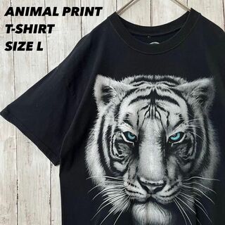 アメリカ古着　オーバーサイズ虎タイガーアニマルプリントTシャツ　L黒ユニセックス(Tシャツ/カットソー(半袖/袖なし))